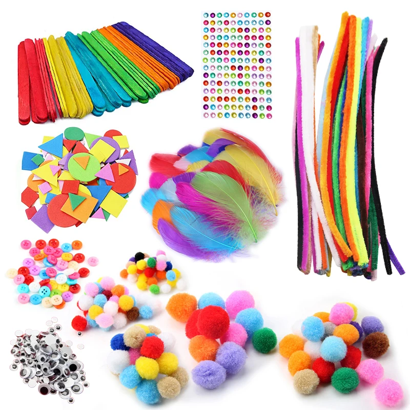 Art Craft Education - Kids Creative Plush Stick Pompoms Rainbow
